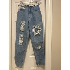 Vintage 80s 90s Mom Jeans High Waist Distressed Lace‎ Applique Denim Zip Code